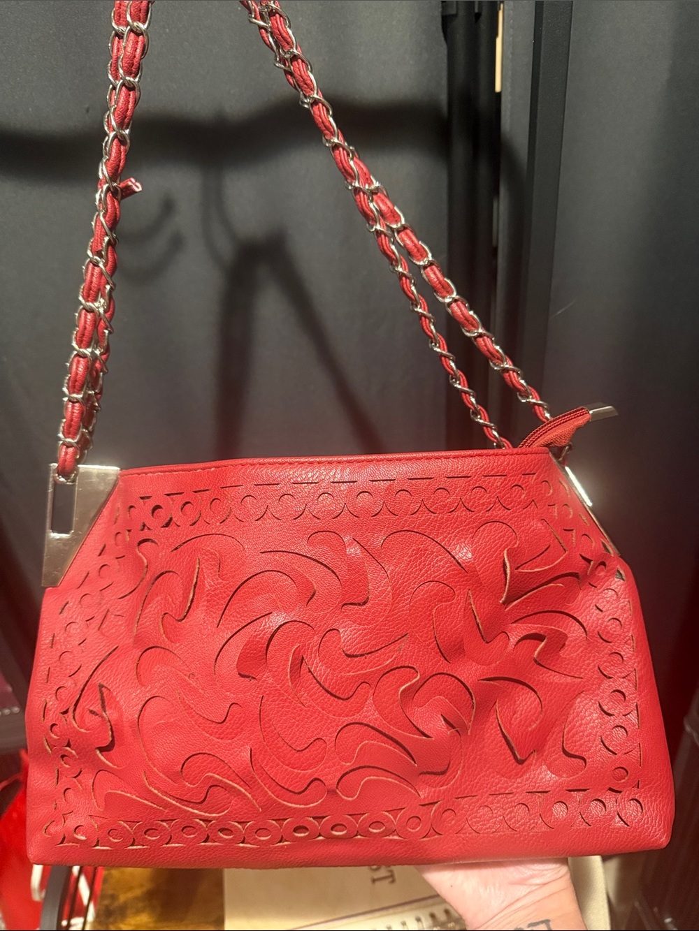 Source Unknown Red Laser-Cut Leather Shoulder Bag with Chain Strap Maroon Red